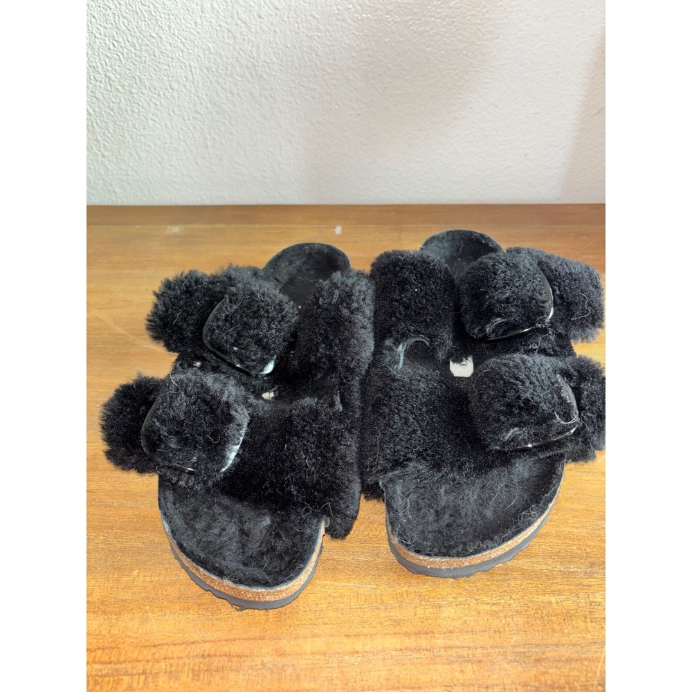 Birkenstock Arizona Black Big Buckle Shearling Leather Sandals 41